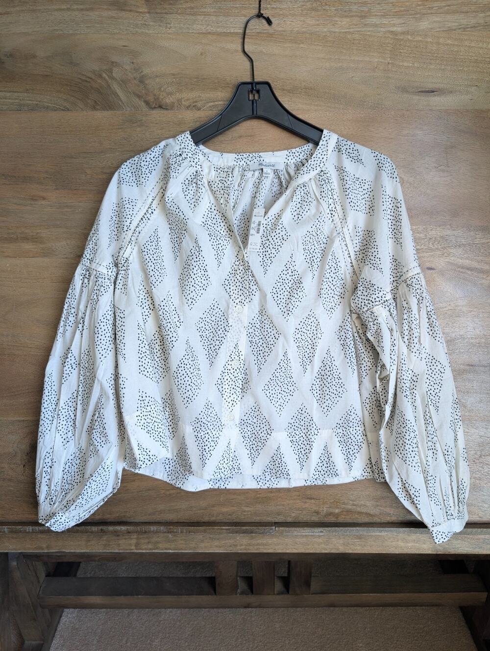 NWT Madewell Blouse Top Womens Small White Black Polka Dot Balloon Sleeve NV795